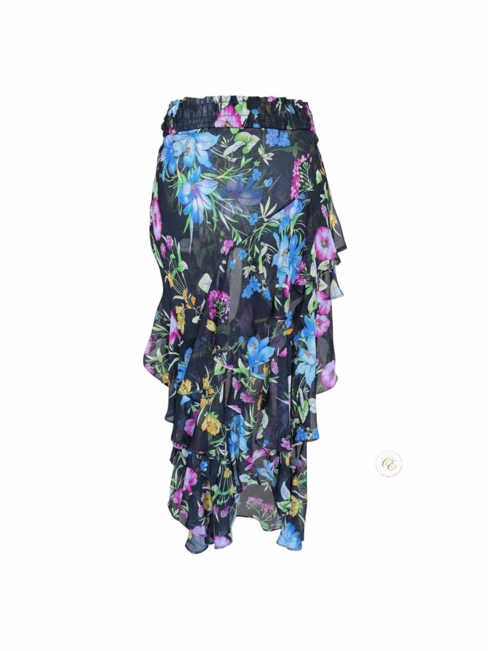 MISA Black Floral High-Low Ruffle Skirt | Silk Chiffon Tiered | Size S - Picture 4 of 8